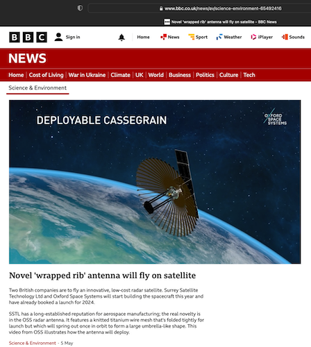 OSS Wrapped Rib Animation by Sound Motive on BBC News clip of the BBC news page showing the Deployable Antenna in space