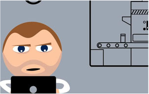 cartoon character typing on a laptop in a lab